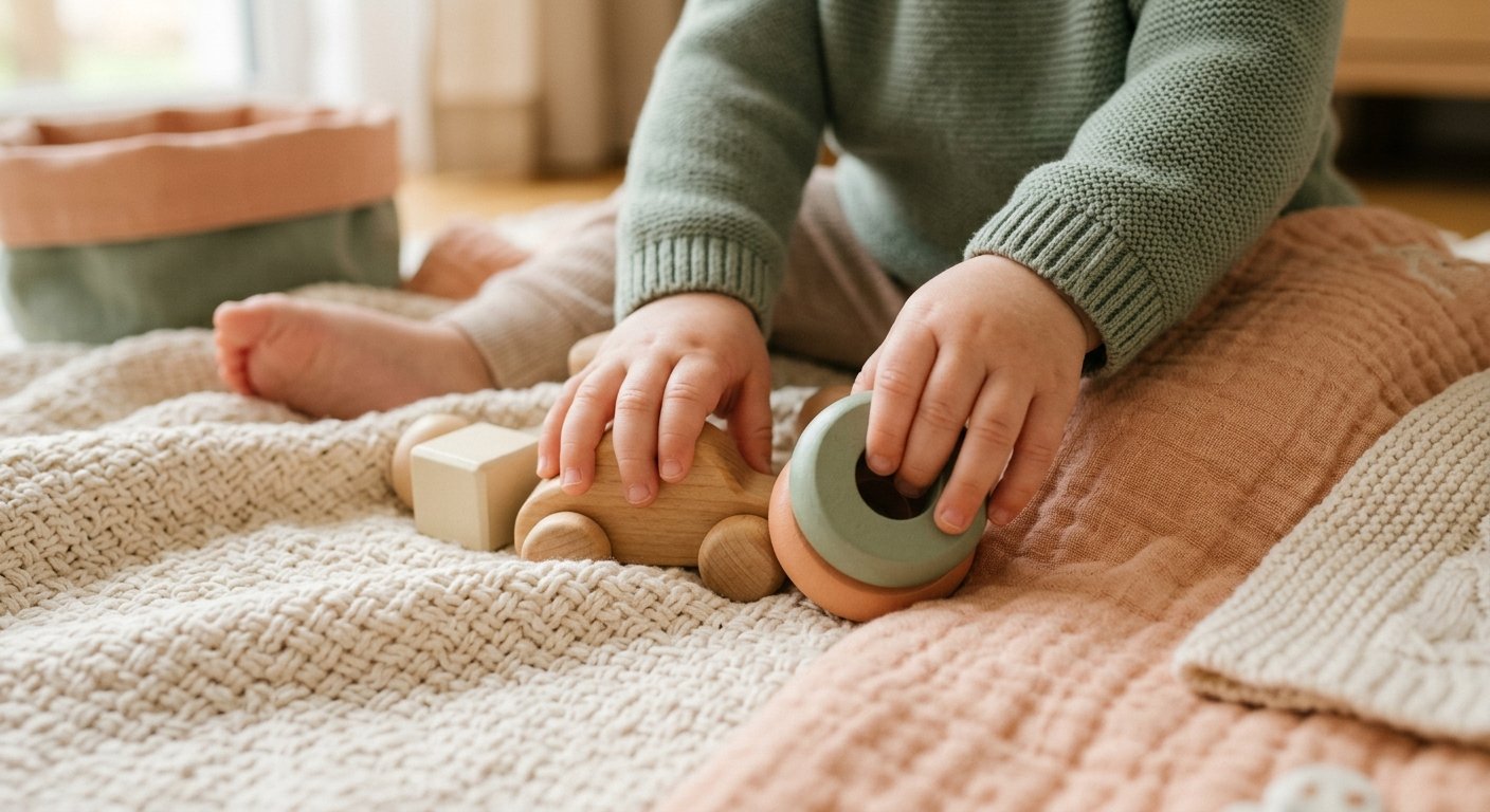 Detalhes de brinquedos e texturas suaves em uma rotina infantil acolhedora